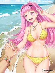 1boy 1girls :d alternate_costume ass_visible_through_thighs beach bikini blue_sky blunt_bangs bracelet breasts claude_von_riegan cleavage cloud commentary_request cowboy_shot crest_(fe3h) day etchimune female female_focus fire_emblem fire_emblem:_three_houses hilda_valentine_goneril holding_hands jewelry large_breasts long_hair looking_at_viewer male navel nintendo ocean open_mouth outdoors pink_eyes pink_hair side-tie_bikini_bottom sky smile solo_focus standing stomach swimsuit thighs very_long_hair water yellow_bikini yellow_swimsuit