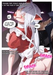 1boy 2d ass bechu blush cat_ears devil_may_cry devil_may_cry_5 dialogue female finger_in_mouth genderswap maid nero_(devil_may_cry) sharp_teeth tagme tears text tongue tongue_out trembling v_(devil_may_cry) white_hair