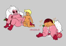 anthro blonde_hair cookie_run cum_in_pussy droolydonuts huge_ass huge_breasts impregnation knight_cookie male monster_girl ovum pitaya_dragon_cookie red_skin small_dom_big_sub smaller_male sperm_cell tan_skin white_hair younger_male