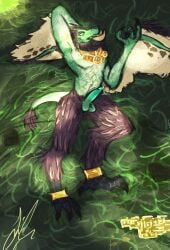 absurd_res anthro gaygoat genitals green_penis hi_res lying male moonkin penis scalie solo talons troll_(warcraft) troll_male tusks wings world_of_warcraft zandalari_troll