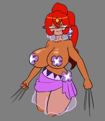 1girls alternate_breast_size closed_eyes cookie_run cosplay dracoarcto huge_breasts lilac_cookie_(cosplay) pasties ponytail red_hair scorpion_cookie skirt tan_body topless veil