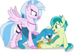 1girls 2boys animal_genitalia animal_penis avian balls beak bisexual blue_body blue_fur blue_hair blush cutie_mark dildo don't_mind_me_(artist) earth_pony equid equine equine_genitalia equine_penis feral feral_on_feral friendship_is_magic fur gallus_(mlp) green_body green_fur gryphon hasbro hippogriff hooves horse horsecock mammal my_little_pony paws pink_body pink_fur pony sandbar_(mlp) sex_toy silverstream_(mlp) tail tan_body tan_fur wings