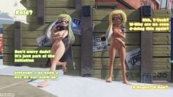 2girls agent_3_(splatoon) agent_3_(splatoon_3) blender braid breasts cape captain_(splatoon_3) cold comic dialogue hi_res inkling inkling_girl inkloving looking_at_another multiple_girls nervous new_agent_3_(splatoon) nude shivering smirk smug snow splatoon splatoon_3 splatoon_3:_return_of_the_mammalians tentacle tentacle_hair worried yuri