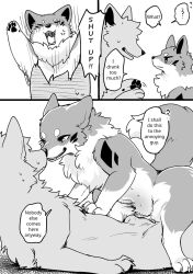 1boy 1boy1girl 1girls 8_nipples bedroom_eyes blush blush_lines canine canine_pussy chest_fur claws closed_eyes comic diga_tsukune doujinshi drunk english english_text fangs feral feral_only fluffy fluffy_tail half-closed_eyes nipples open_mouth pawpads paws pussy shouting sweat tail teats teeth tongue