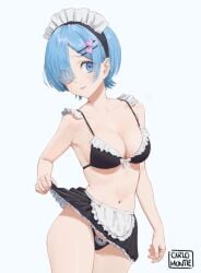 1girls 2d blue_eyes blue_hair carlo_montie cleavage eye_visible_through_hair female female_only lifted_by_self light-skinned_female maid maid_bikini maid_headdress maid_uniform midriff miniskirt navel re:zero_kara_hajimeru_isekai_seikatsu rem_(re:zero) short_hair underwear