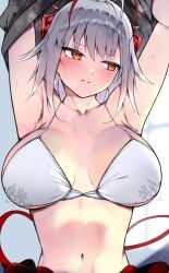 1girls arknights armpits arms_above_head bed belly belly_button big_breasts blush bra breasts busty closed_mouth collarbone cute demon_girl demon_horns demon_tail embarrassed enormous_breasts female female_only giant_breasts gigantic_breasts grey_hair horns huge_breasts large_breasts light-skinned_female light_skin looking_at_another looking_away looking_to_the_side lying massive_breasts midriff navel on_bed plastic_night_q red_hair seductive seductive_look shirt_lift shirt_up short_hair shy slender_waist solo solo_female steaming_body stomach sweatdrop taking_clothes_off taking_shirt_off two_tone_hair undressing w_(arknights) waist wasp_waist