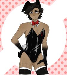 1boy anonymous_artist black_arms black_bunny_ears black_bunnysuit black_eyes black_hair bow bowtie bunny_ears bunny_tail bunnysuit cesar_torres claws hand_on_hip legwear male_only mandela_catalogue red_bow solo standing the_mandela_catalogue