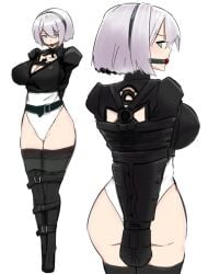 1girls armbinder arms_tied_behind_back ass ball_gag belt belt_bondage black_leotard blue_eyes bondage breasts cleavage_cutout gag gagged hairband large_breasts legs_tied leotard looking_at_viewer monoglove multicolored_leotard nier:_automata otaku100100 short_hair thighhighs white_hair white_leotard yorha_2b