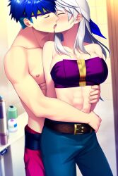 1boy1girl abs ai_generated big_breasts blue_hair breasts closed_eyes couple fire_emblem fire_emblem:_path_of_radiance fire_emblem:_radiant_dawn ike_(fire_emblem) kissing micaiah_(fire_emblem) muscular_male nintendo partially_clothed silver_hair straight tongue waist waist_grab white_hair