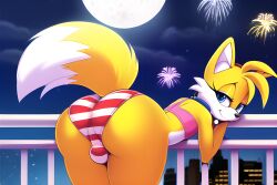 1boy a.i.ddicted ai_generated anthro ass ass_focus balcony bent_over big_ass big_butt blonde_hair blue_eyes bulge bulge_through_clothing canine canis city cityscape collar crop_top dipstick_tail fat_ass femboy feminine_male feminine_tails fireworks fluffy_tail fox full_moon girly mammal medium_hair moonlight night novelai panties pink_panties presenting_hindquarters smile smiling smiling_at_viewer sonic_(series) sonic_the_hedgehog_(series) striped_panties tail tails thick_ass thick_butt thick_thighs white_panties yellow_fur