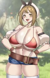 1girls atelier_(series) atelier_ryza bangs barely_clothed big_breasts bra breasts brown_gloves brown_hair camui_kamui_(hz_666v) detailed_background fat_thighs gloves golden_eyes hands_on_hips happy happy_female hat huge_breasts light-skinned_female light_skin necklace reisalin_stout short_hair shorts sideboob solo stockings thick_thighs thighs thong thong_above_shorts underboob yellow_eyes