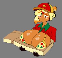 blonde_hair bra cookie_run dracoarcto emotionless exposed_breasts huge_breasts pizza_cookie pizza_delivery tan_skin