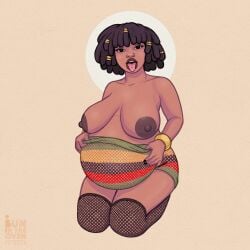 1girls belly big_belly big_breasts breasts bunintheoven dark-skinned_female dark_skin dreadlocks female golden_boy golden_hair_ornaments heavy_breasts mesh_shirt nipples pregnant sagging_breasts solo solo_female tongue_out tongue_piercing