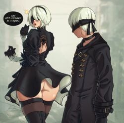 1boy 1girls absurd_res ass blindfold choker dat_ass dialogue english_text eyeless_male female looking_at_ass looking_back male mole mole_under_mouth nier:_automata peeping pepprnsalt speech_bubble stockings thick_thighs white_hair wholesome yorha_2b yorha_9s