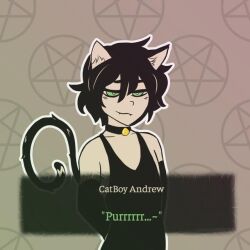 1boy andrew_graves black_hair cat_ears cat_tail catboy collar english english_text fangs femboy green_eyes lagsoff looking_at_viewer male male_only monochrome purring short_hair simple_background solo solo_male text the_coffin_of_andy_and_leyley