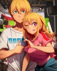 arima_kana blonde_hair blue_eyes brother_and_sister hoshino_aquamarine hoshino_ruby khyleri oshi_no_ko out_of_frame pink_eyes smile stars twincest twins