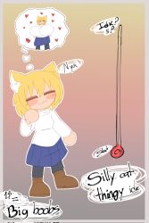 1girls :3 black_legwear blonde_hair blue_skirt blush boobs boots breast_expansion breasts cat_ears cat_girl catgirl chibi closed_eyes expansion expansion_sequence female gardegu hearts holding_breast huge_breasts melty_blood neco-arc shortstack small_breasts text thinking tsukihime white_shirt white_skin