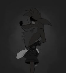 ! 1boy 2023 anthro ass big_bulge black_and_white bulge clothing crash_(series) crash_bandicoot erect erection erection_under_clothes fur furry furry_male furry_only hi_res male male_only marsupial meme monochrome nervous no_color pulling_up_pants shorts signature simple_background solo tagme tight_pants_(meme) tongue tongue_out video_games zepthehyerian