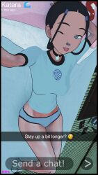 1girls avatar_legends avatar_the_last_airbender blue_eyes braided_ponytail breakwater_ridge brown_hair dialogue english_text female katara nudes_on_phone selfie sexting snapchat story tanned_skin text water_tribe