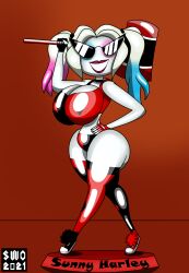 batman_(series) dc disney dollification female female harley_quinn huge_ass huge_breasts knick_knack navel permanent_smile pixar sunglasses sunnification thick_thighs transformation wide_hips