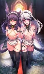 2girls altana_tumet angry angry_face angry_sub animal_ears animal_tail apron arms_behind_back au_ra bondage bound bound_together breasts breasts_out chained_together clenched_teeth clitoris_leash clitoris_piercing clitoris_ring collar female female_only femsub final_fantasy final_fantasy_xiv green_eyes horn horned_female horned_humanoid horns humiliation kyattsu leash leash_pull leti_moonreaver linked_nipples linked_piercings maid maid_outfit miqo'te multiple_girls multiple_subs mutual_linked_piercings nipple_piercing nipple_rings nude pierced_nipples piercing_bondage piercings public pussy reverse_maid_uniform sex_toy stockings vibrator xaela