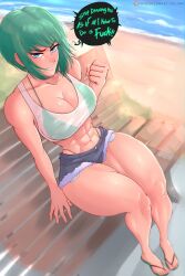 abs angry annoyed beach bikini bikini_top blue_eyes denim_shorts ela_(rainbow_six) feet female female_only fighting_stance fist fit_female flip_flops green_hair jean_shorts lettuce_uwu muscular_thighs on_bench rainbow_six_siege sandals see-through sitting solo solo_female tank_top thick_thighs