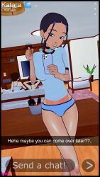 3girls avatar_legends avatar_the_last_airbender blue_eyes braided_ponytail breakwater_ridge brown_hair dialogue earth_kingdom english_text female katara nudes_on_phone selfie sexting snapchat suki tanned_skin text toph_bei_fong water_tribe