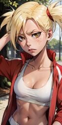 ai_generated bleach collarbone female female_only freckles freckles_on_face hiyori_sarugaki jacket midriff navel open_clothes open_jacket outdoors red_jacket sarugaki_hiyori short_hair sports_bra twintails white_bra yellow_hair