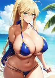 ai_generated beach bikini blonde_hair breasts cleavage fate/grand_order fate_(series) female female_focus female_only green_eyes saber_alter tagme thick_thighs thighs wide_hips