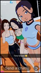 3girls avatar_legends avatar_the_last_airbender blue_eyes braided_ponytail breakwater_ridge brown_hair dialogue earth_kingdom english_text female katara nudes_on_phone selfie sexting snapchat suki tanned_skin text toph_bei_fong water_tribe