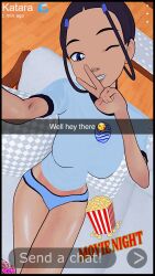 1girls avatar_legends avatar_the_last_airbender blue_eyes braided_ponytail breakwater_ridge brown_hair dialogue english_text female katara nudes_on_phone selfie sexting snapchat story tanned_skin text water_tribe