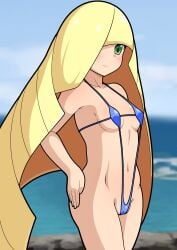 1girls beach blonde_hair blue_sling_bikini blush breasts cleavage female female_only game_freak green_eyes hair hair_over_one_eye hand_on_hip hips long_hair lusamine_(pokemon) mature mature_female mature_woman milf mother pokemon pokemon_sm shimizu_(shimizu_001) skimpy skimpy_bikini sling_bikini small_breasts solo solo_female swimwear thighs