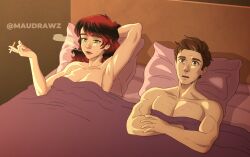 1boy 1girls after_sex after_sex_smoking bed blanket brown_eyes brown_hair canon_couple color colored covering covering_breasts female green_eyes i_love_when_people_draw_ships_like_this_actually_(meme) marvel marvel_comics mary_jane_watson maudrawz meme meme_reference pecs red_hair red_hair_female scenery_censor smoking smoking_cigarette spider-man spider-man_(series)