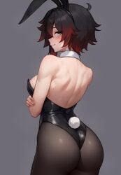 1girls ass bare_shoulders bluefield breasts bubble_butt bunny_ears bunny_girl bunnysuit crossed_arms detached_collar female headband hi_res large_ass light-skinned_female light_skin naughty_face pantyhose red_hair rooster_teeth ruby_rose rwby short_hair silver_eyes simple_background solo thick_thighs two_tone_hair