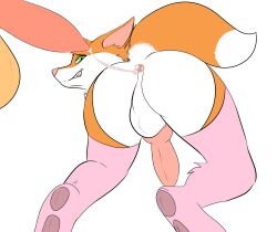 anthro anus ass balls bodily_fluids canid canine cum cum_in_ass cum_inside doggy_style duo erection fox from_behind_position fur genital_fluids genitals girly green_eyes hepicant hi_res knot male male/male mammal orange_body orange_fur penis pink_nose pink_penis sex white_body