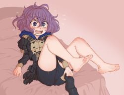 1girls bard-bot bare_legs barefoot bed bernadetta_von_varley blush boots breasts embarrassed feet female female_only fire_emblem fire_emblem:_three_houses foot_focus garreg_mach_monastery_uniform indie_virtual_youtuber legs long_sleeves looking_at_viewer medium_hair more_at_source nintendo on_bed partially_visible_vulva purple_eyes purple_hair shocked shorts small_breasts solo undressing virtual_youtuber