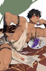 1boy absurdres ancient_greek_clothes arm_tattoo bara bare_pectorals black_hair blush bracer carpet covered_penis cum cum_on_floor cup dark-skinned_male dark_skin dress ejaculation_under_clothes food fruit grapes greco-roman_clothes hand_on_own_hip highres holding holding_food lying male_focus on_side original pectorals plate red_eyes see-through see-through_dress short_hair smile solo solo_male sweat tattoo thick_eyebrows thigh_strap toned toned_male wan_ma_(wanma222) wet wet_clothes wet_dress white_background