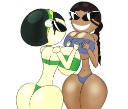 2girls alternate_breast_size avatar_legends avatar_the_last_airbender disney dollification earth_kingdom female female_only huge_ass huge_breasts katara knick_knack multiple_girls navel permanent_smile pixar sunglasses sunnification superweirdman thick_thighs toph_bei_fong transformation water_tribe wide_hips