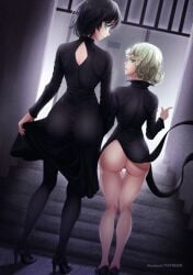 2girls aboart aboleuk ass ass_focus back back_view big_ass black_dress black_hair clothing dat_ass dress esper_sisters female female_only fubuki_(one-punch_man) green_eyes green_hair heels high_heels huge_ass leggings legwear looking_back multiple_girls one-punch_man pelvic_curtain short_hair sisters tatsumaki