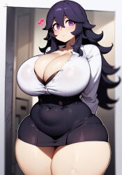 1girls ai_generated alternate_breast_size breasts busty curvy female female_only game_freak hex_maniac hi_res hips huge_breasts light-skinned_female light_skin long_hair nintendo oatmealdood office_lady pokemon pokemon_xy purple_eyes purple_hair stable_diffusion thick_thighs thighs voluptuous wide_hips