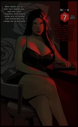 big_breasts black_dress black_hair blush bracelet breasts cherry-gig choker demon demon_girl dice_roll dungeons_and_dragons fail female female_focus female_only horn inviting legs legs_crossed little_black_dress long_hair looking_at_viewer red_light seductive sitting sitting_on_chair smile straight_hair text thick_thighs thighs