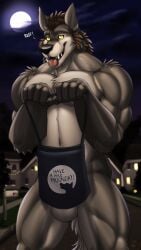 1boy 2018 anthro balls barazoku big_balls canid canine canis claws dream_and_nightmare fur furry gay genital_fluids hairy hairy_male halloween hi_res highres holidays looking_at_viewer male male_focus male_only mammal manly muscular_anthro solo solo_male tail teeth teeth_visible tusks werecanid werecanine werewolf werewolf_neighbor_(dream_and_nightmare) wolf