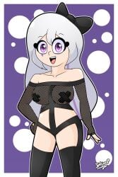 1girls alternate_version_available big_breasts big_breasts breasts breasts fhs fhsz3r0 fnafhs fnafhs_z3ro iori_licea mai_(fnafhs) open_mouth purple_eyes purple_hair see-through see-through_bra see-through_clothing see-through_top see_through smiling smiling_at_viewer standing two_tone_hair white_hair