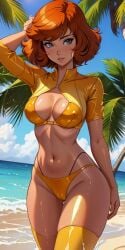 1girls ai_generated april_o'neil armpits beach bikini cameltoe female female_only highleg_bikini medium_breasts orange_hair outdoors red_hair shiny_skin teenage_mutant_ninja_turtles thighhighs tmnt trees wet yellow_bikini yellow_thighhighs