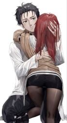 1boy 1girls black_hair female hugging human labcoat makise_kurisu male okabe_rintarou poharo red_hair steins;gate thighs