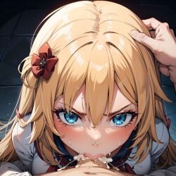 1girls ai_generated akai_haato angry angry_face arbitrary blonde_hair blowjob blue_eyes cum cum_in_mouth deepthroat eye_contact fellatio forced_oral haachama hair_ribbon hand_on_head hi_res hololive long_hair oral oral_creampie penis_in_mouth pov stable_diffusion virtual_youtuber