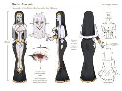 1girls almonde_jagger big_breasts bloodlight_(nyantcha) character_sheet cleavage demon_in_disguise disguise english_text female female_only hi_res horizontal_pupils long_hair multiple_views nun nun's_habit nun_hat original pointy_ears red_eyes sharp_fingernails solo text thiccwithaq white_hair wide_hips