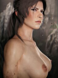 1girls 3d elisanetishar erect_nipples female female_only frown frowning lara_croft lara_croft_(survivor) large_breasts light-skinned_female light_skin nude nude_female tomb_raider tomb_raider_(survivor) topless