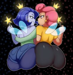 2girls ass ass_to_ass big_ass blue_hair blue_skin brandy-lynn bubble_butt cameltoe clothing crown ear_piercing earrings fairy fairy_wings fat_ass female female_only huge_ass large_ass looking_at_each_other oddrich piercing pink_hair the_fairly_oddparents thick_ass thick_thighs wand wanda_fairywinkle-cosma wide_hips wings