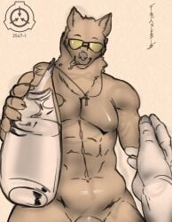 2022 5_fingers abs absurd_res anthro anthrofied artist_name biped black_text bottle brown_body brown_fur brown_penis canid canine canis carrying_penis character_name container coyote cross cross_necklace dialogue digital_drawing_(artwork) digital_media_(artwork) english_text eyewear eyewear_only fingers first_person_view franubis fur genitals hi_res human human_pov jewelry logo looking_at_viewer male mammal muscular muscular_anthro muscular_male necklace necklace_only nude nude_anthro nude_male null offering_to_viewer orange_eyewear orange_sunglasses partially_colored penis penis_peek scp-2547-1 scp_foundation signature simple_background solo standing sunglasses sunglasses_only text water water_bottle